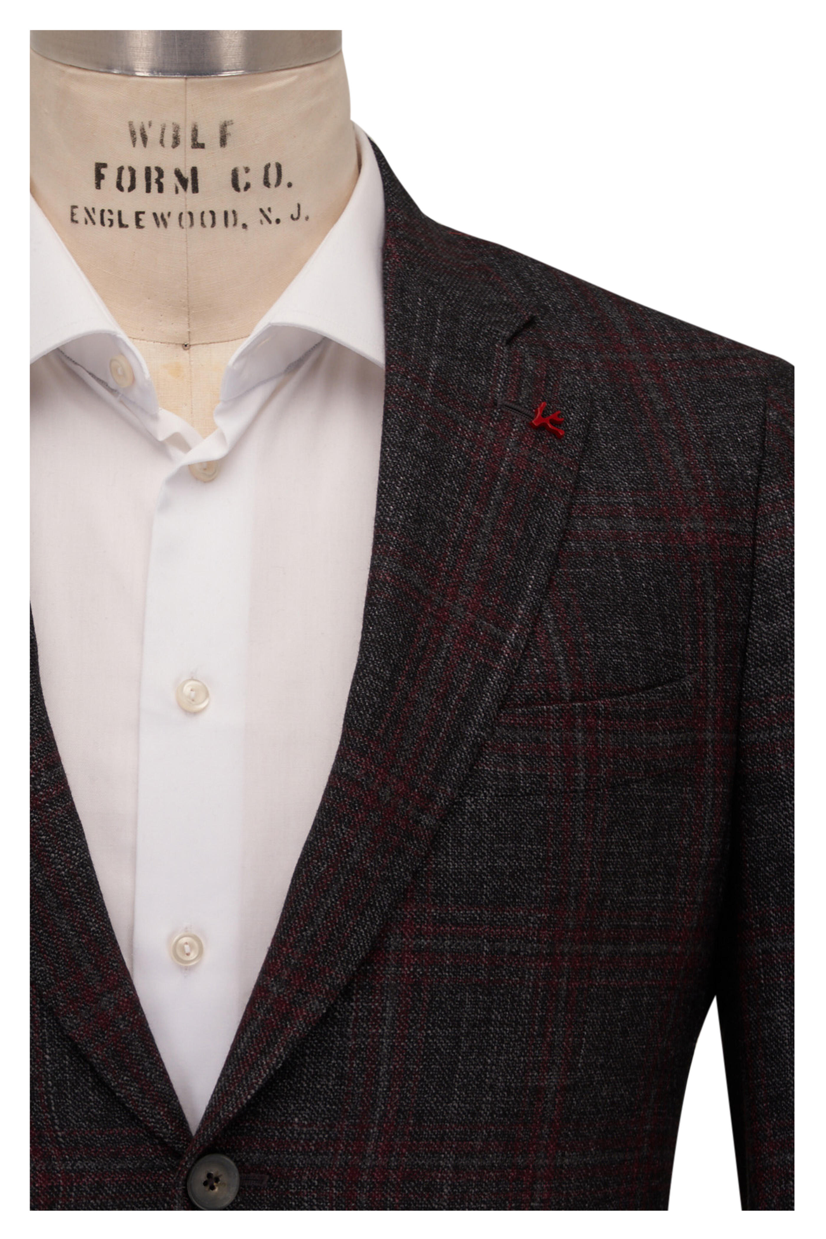 Isaia - Capri Gray & Red Plaid Wool Blend Sportcoat