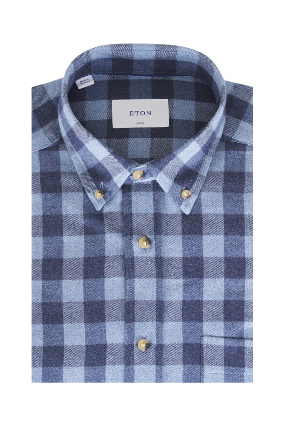 Eton Blue Plaid Cotton Flannel Dress Shirt - view 1
