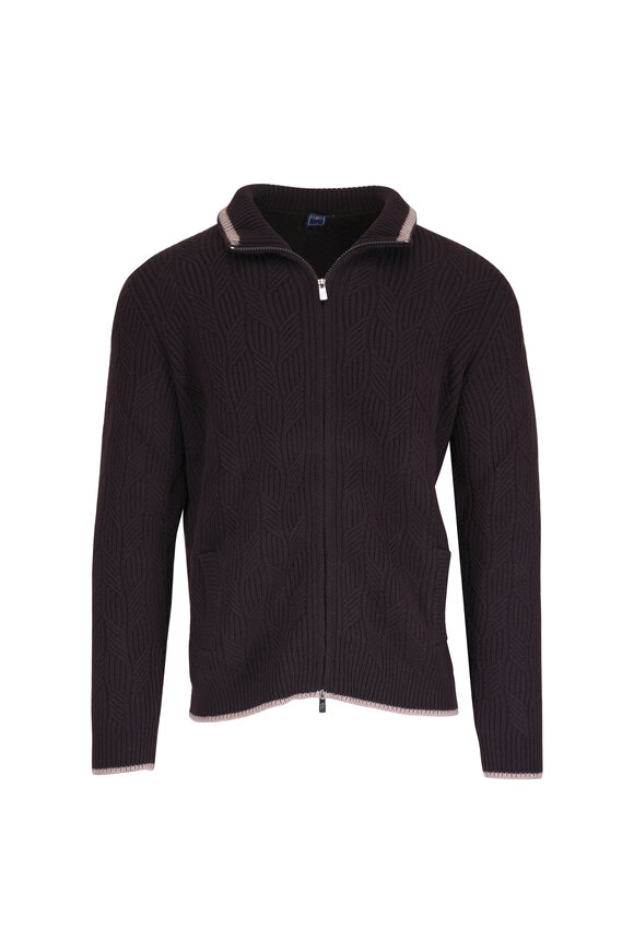 Fedeli Dark Brown Cashmere Cable Knit Full Zip Sweater - view 1