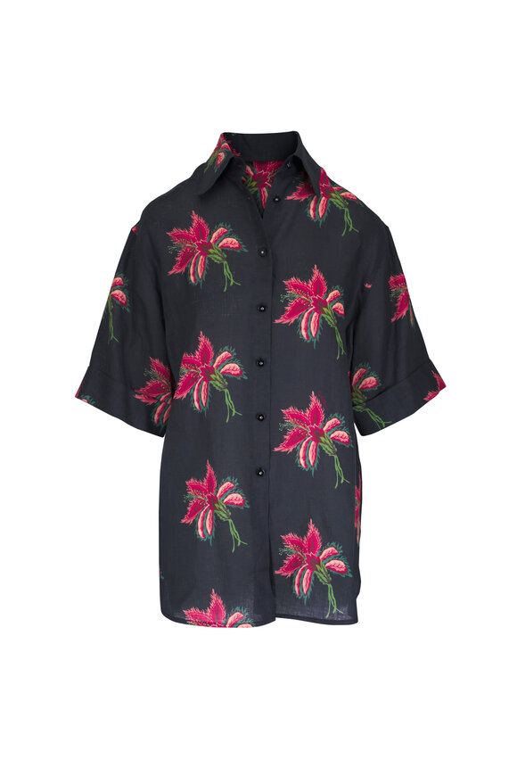 Valentino Black Floral Print Linen Button Up Shirt
