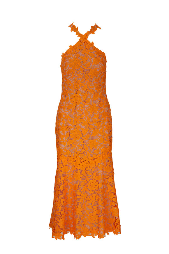 Lela Rose Tangerine Floral Guipure Lace Halter Maxi Dress