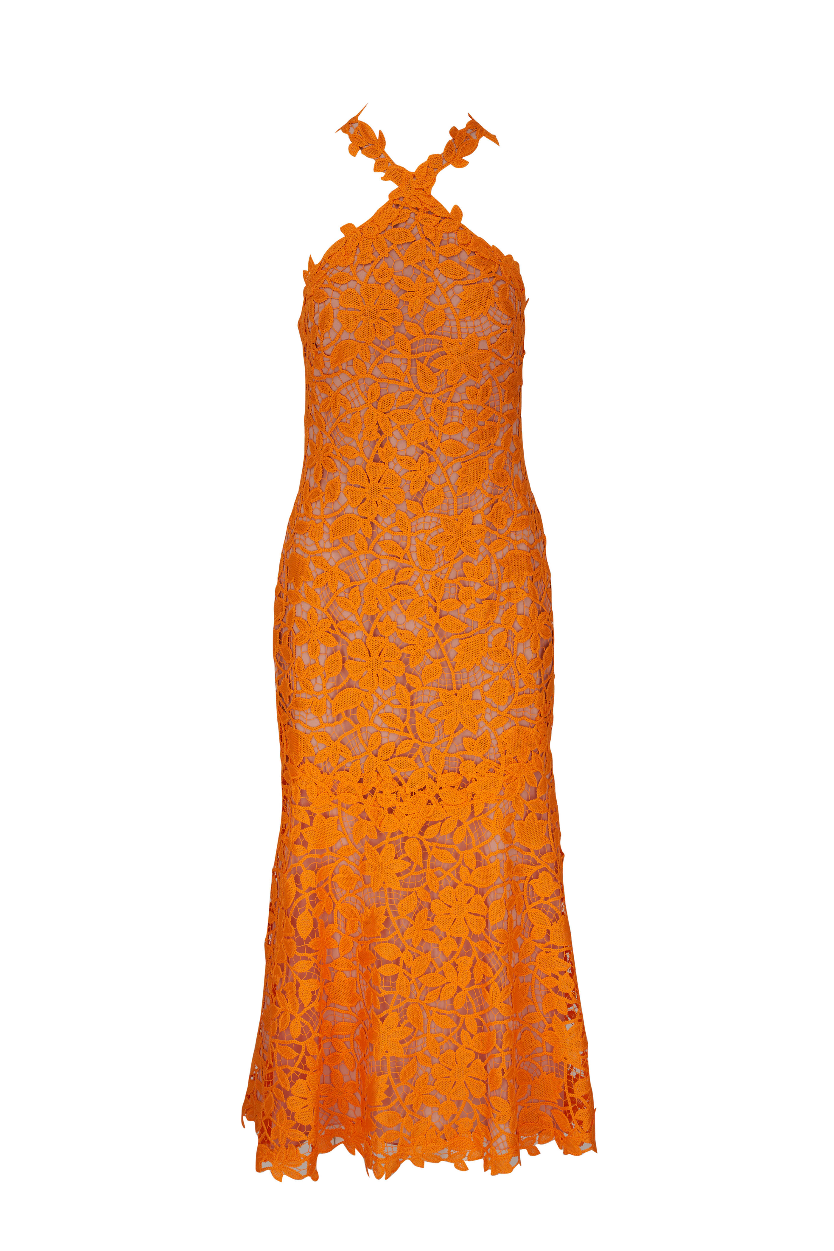 Lela Rose - Tangerine Floral Guipure Lace Halter Maxi Dress