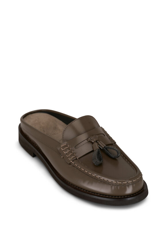 Brunello Cucinelli Mudd Leather Monili Tassel Slide Loafer 