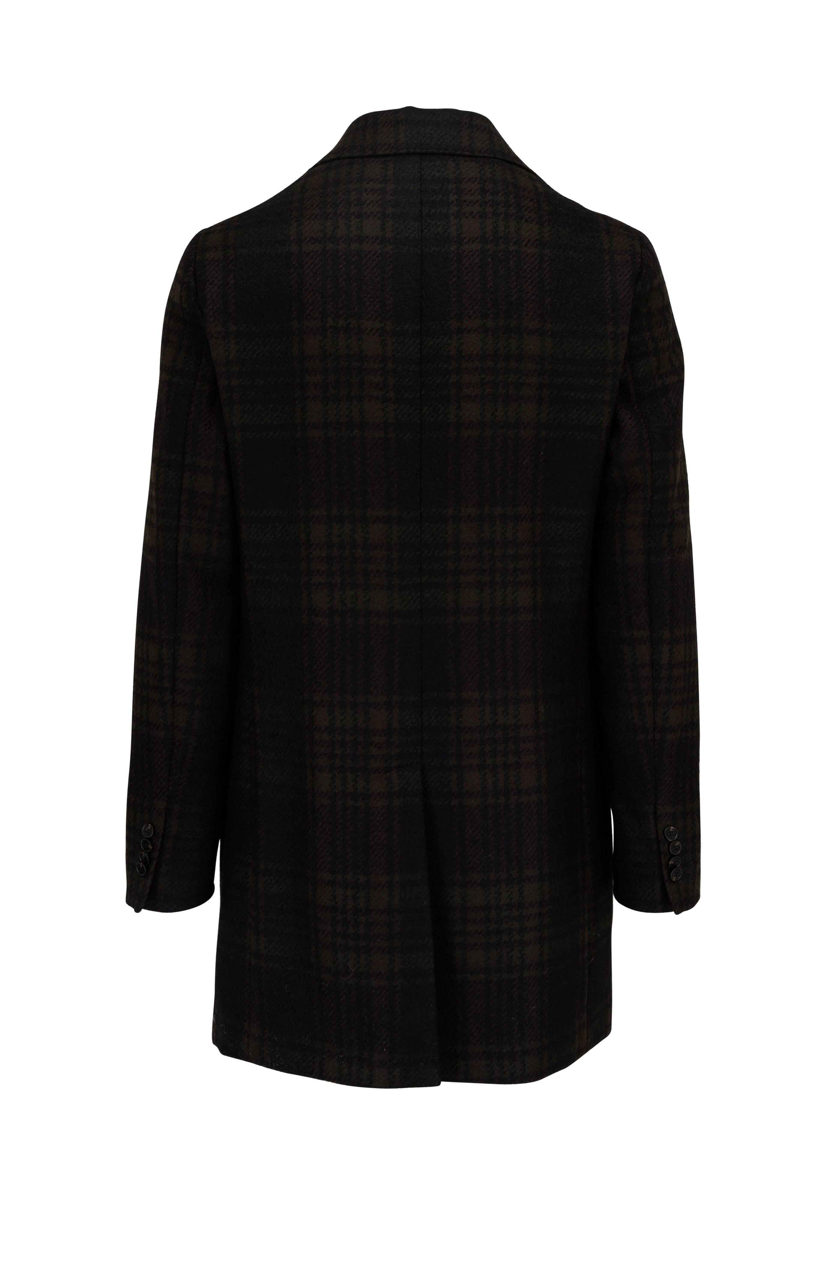 Green and black checkered wool clearance coat