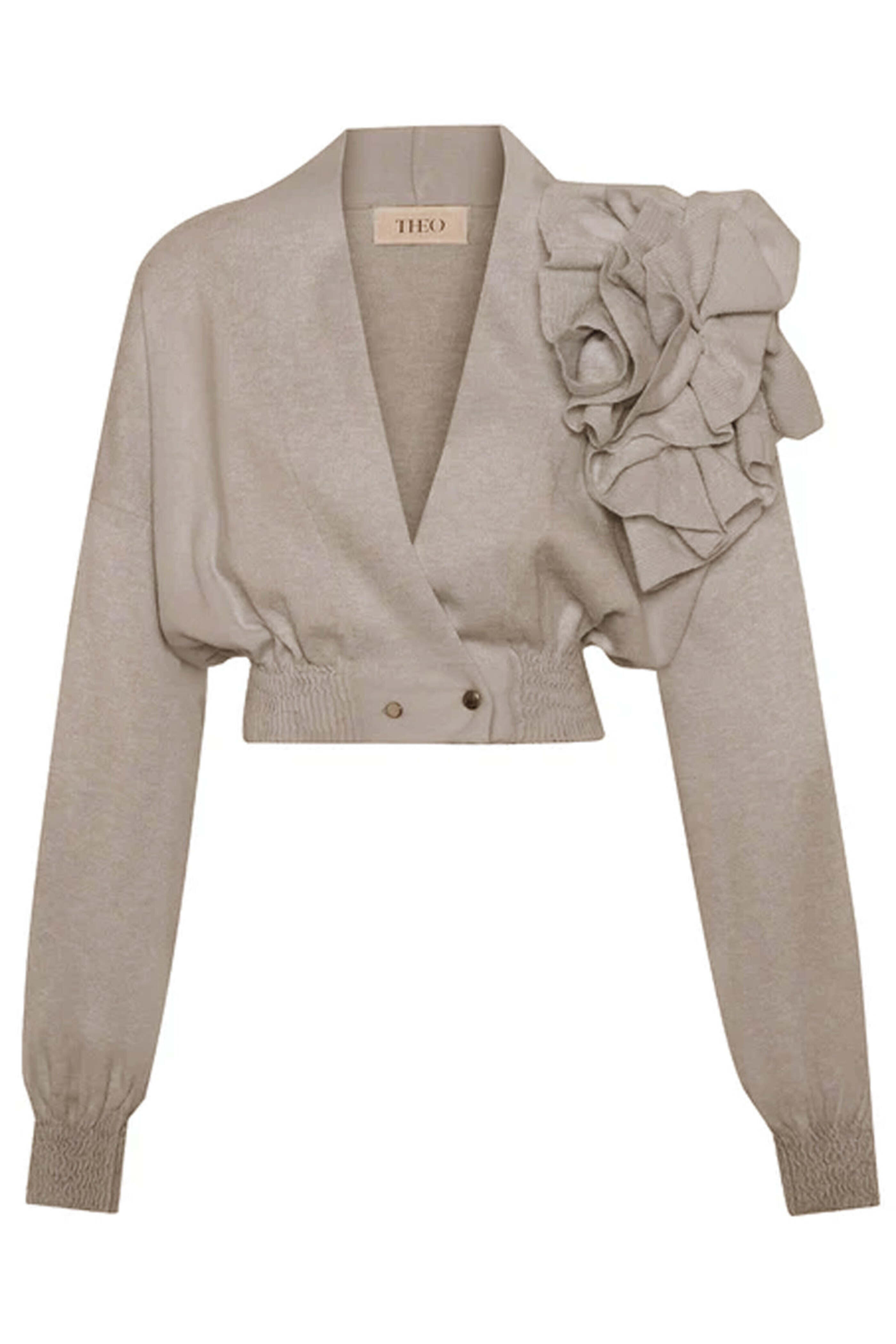 Theo The Label - Taupe Nomia Cropped Rosette Cardigan