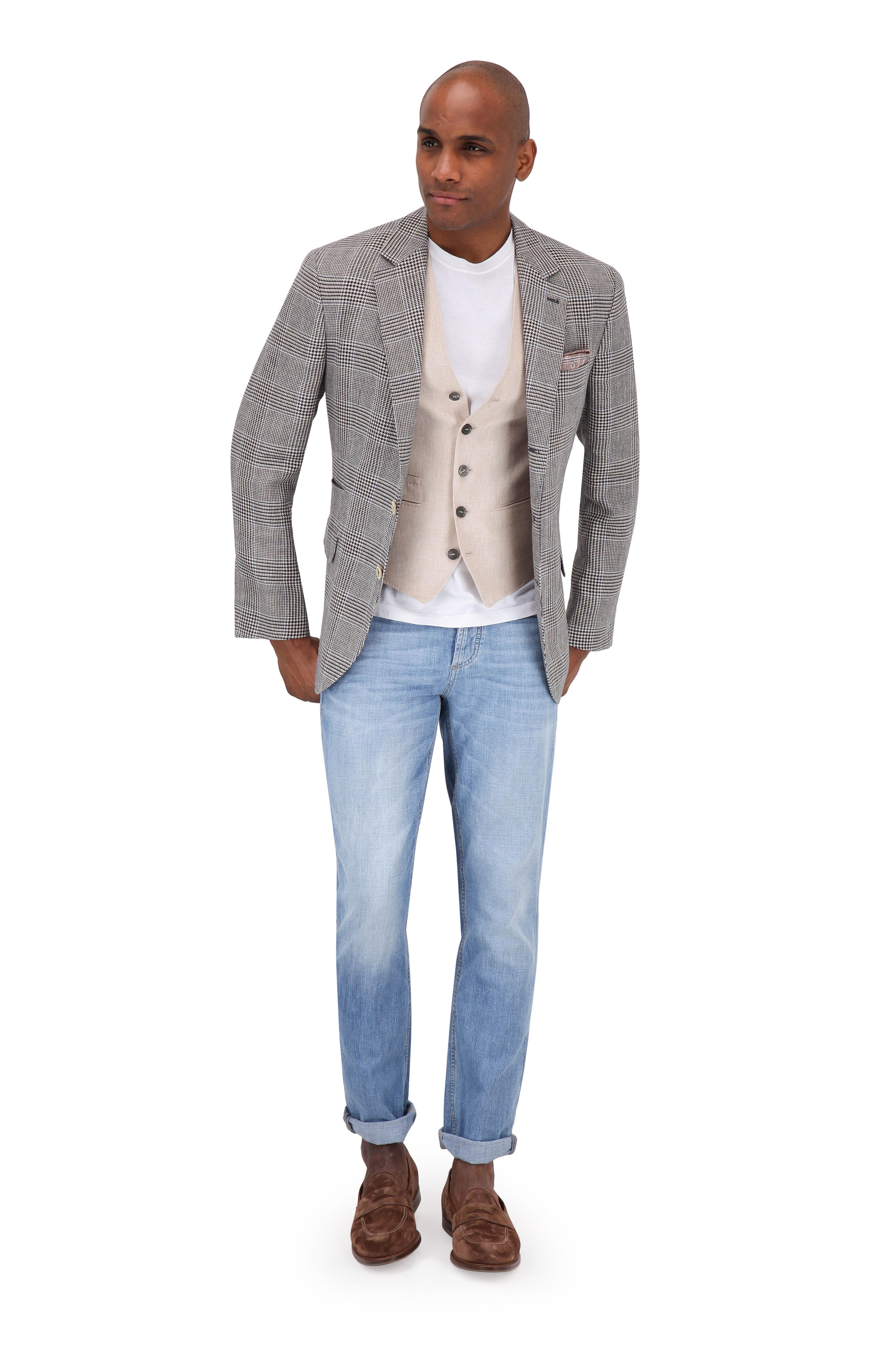 Brunello Cucinelli - Navy Blue Linen & Wool Blend Plaid Sportcoat - view 2