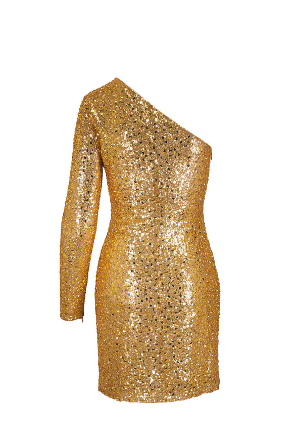 Michael Kors Collection - Gold Sequin One Shoulder Long Sleeve Mini Dress