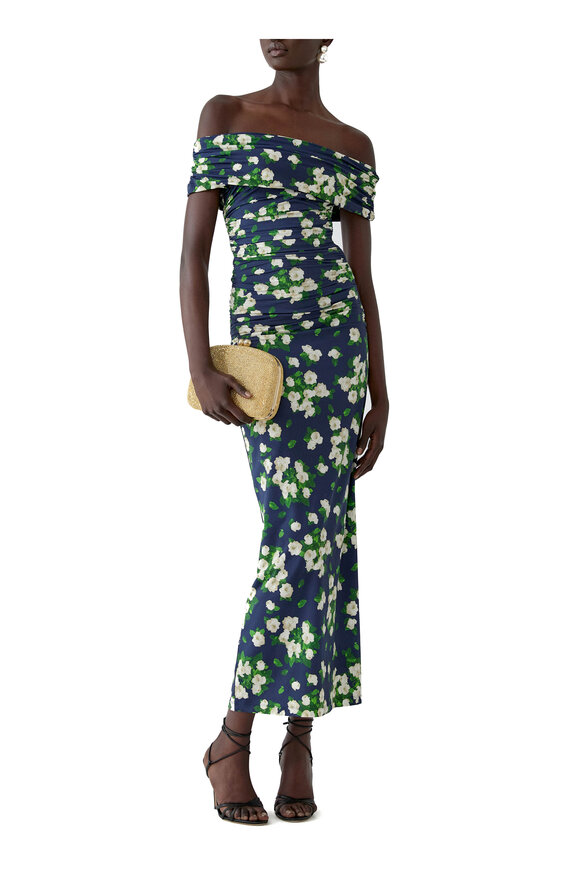 Carolina Herrera Midnight Multi Floral Print Gathered Midi Dress - view 3