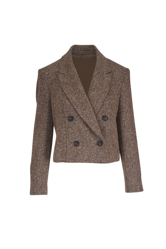 Brunello Cucinelli Beige Herringbone Sequin Embellished Crop Jacket - view 1