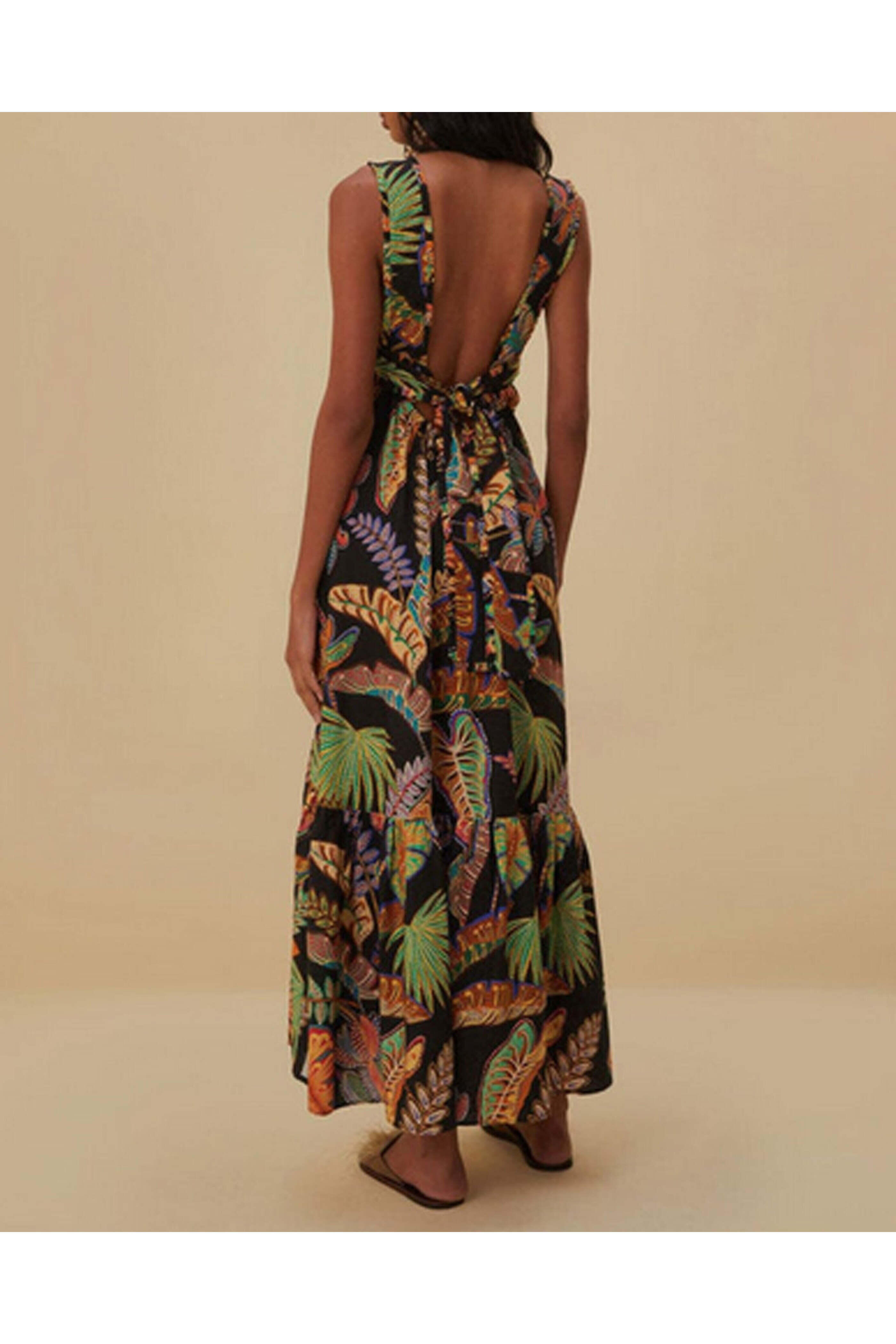 Farm Rio - Black Foliage Sleeveless Maxi Dress