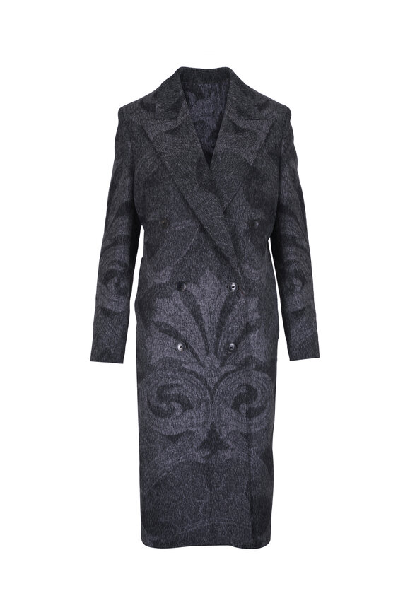 Etro Gray Paisley Double Breasted Wool Long Coat