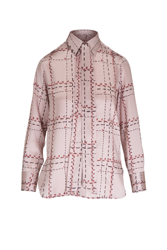 Kiton - Pale Pink Plaid Silk Tie Neck Blouse