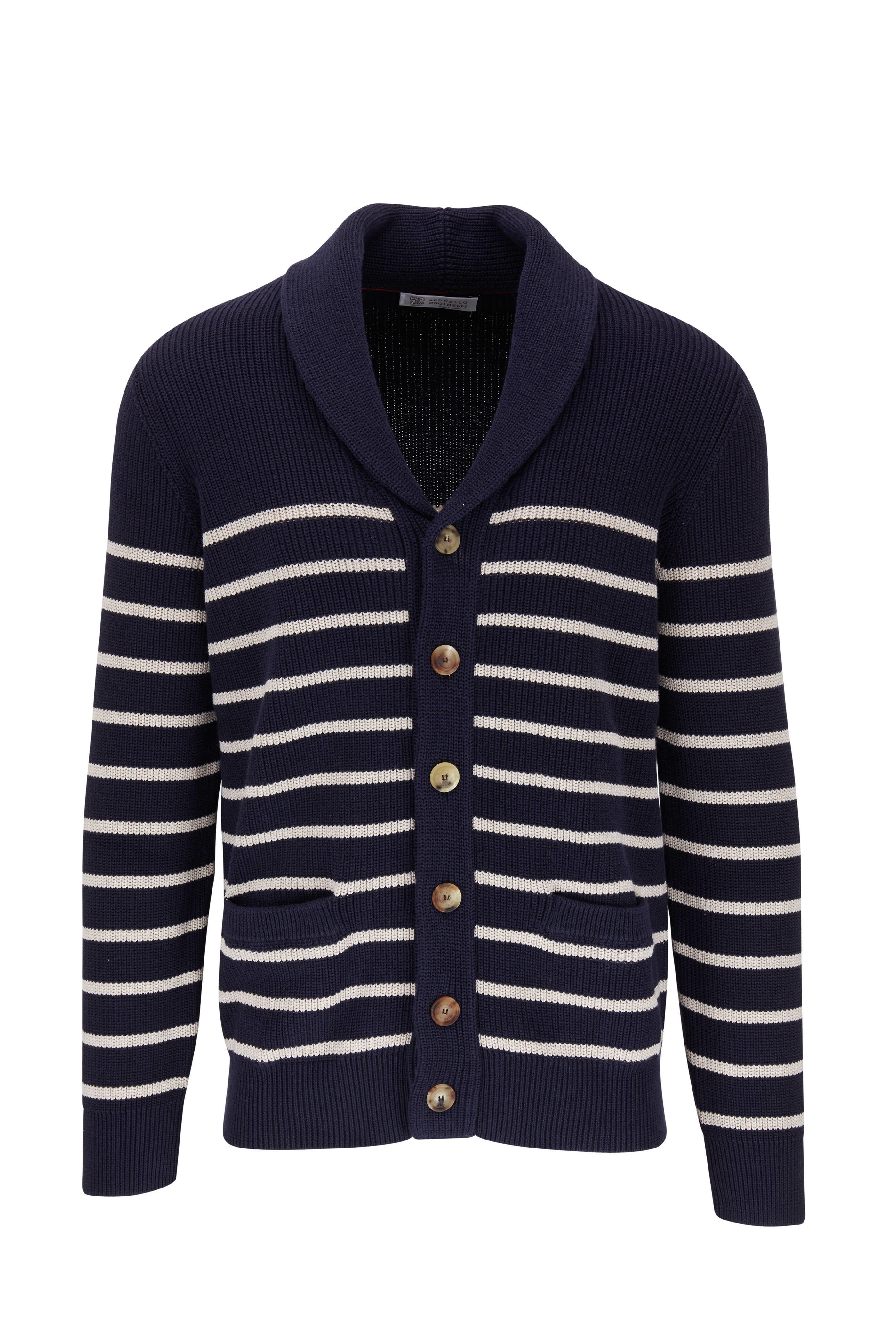 Brunello Cucinelli Shawl-Collar Ribbed Cotton Cardigan - Men - Navy Knitwear - XL