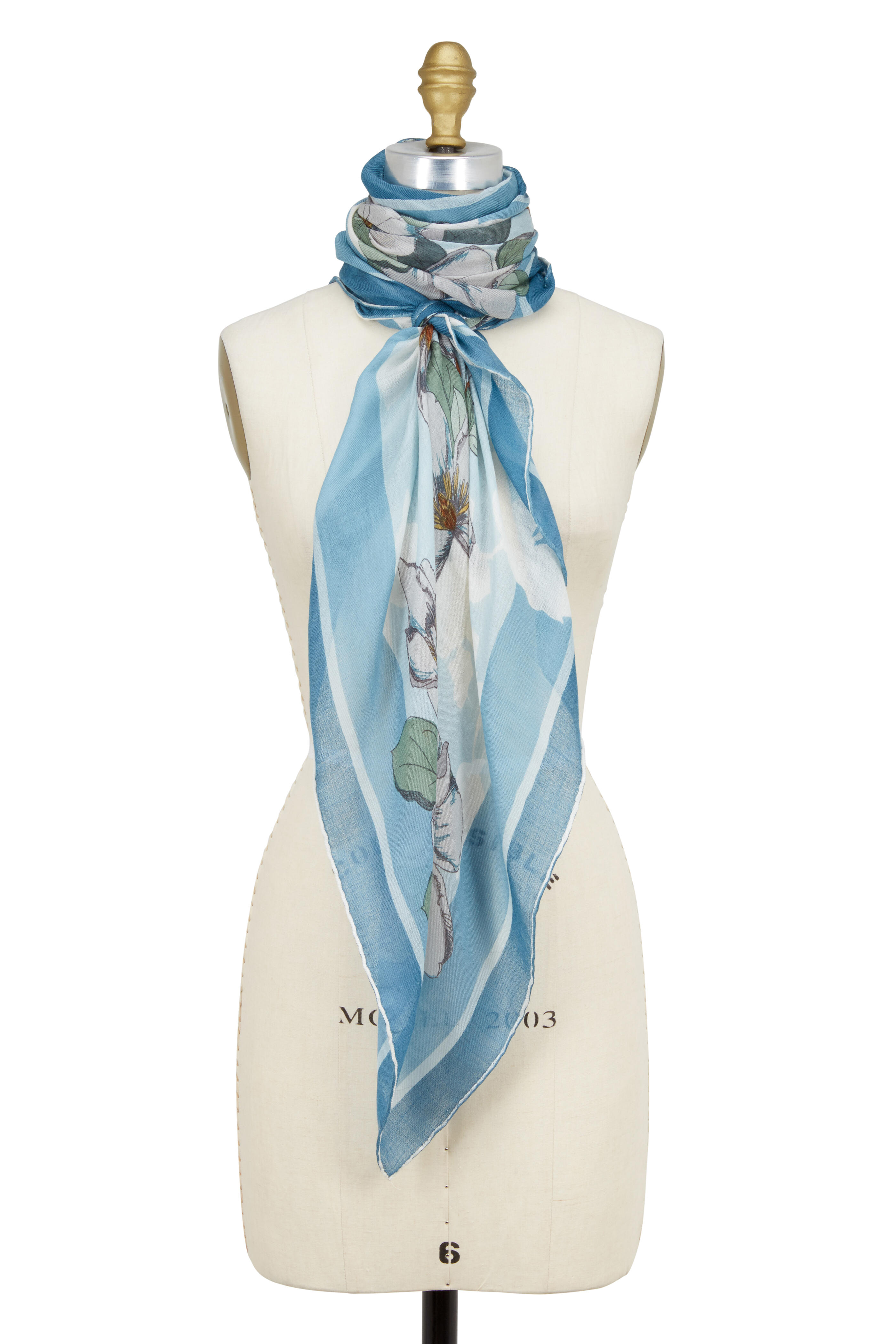 Loro Piana - Turquoise Cashmere Magnolia Print Scarf