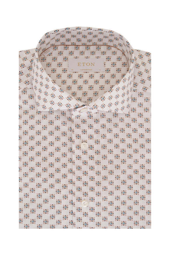 Eton White & Light Blue Geometric Print Dress Shirt 