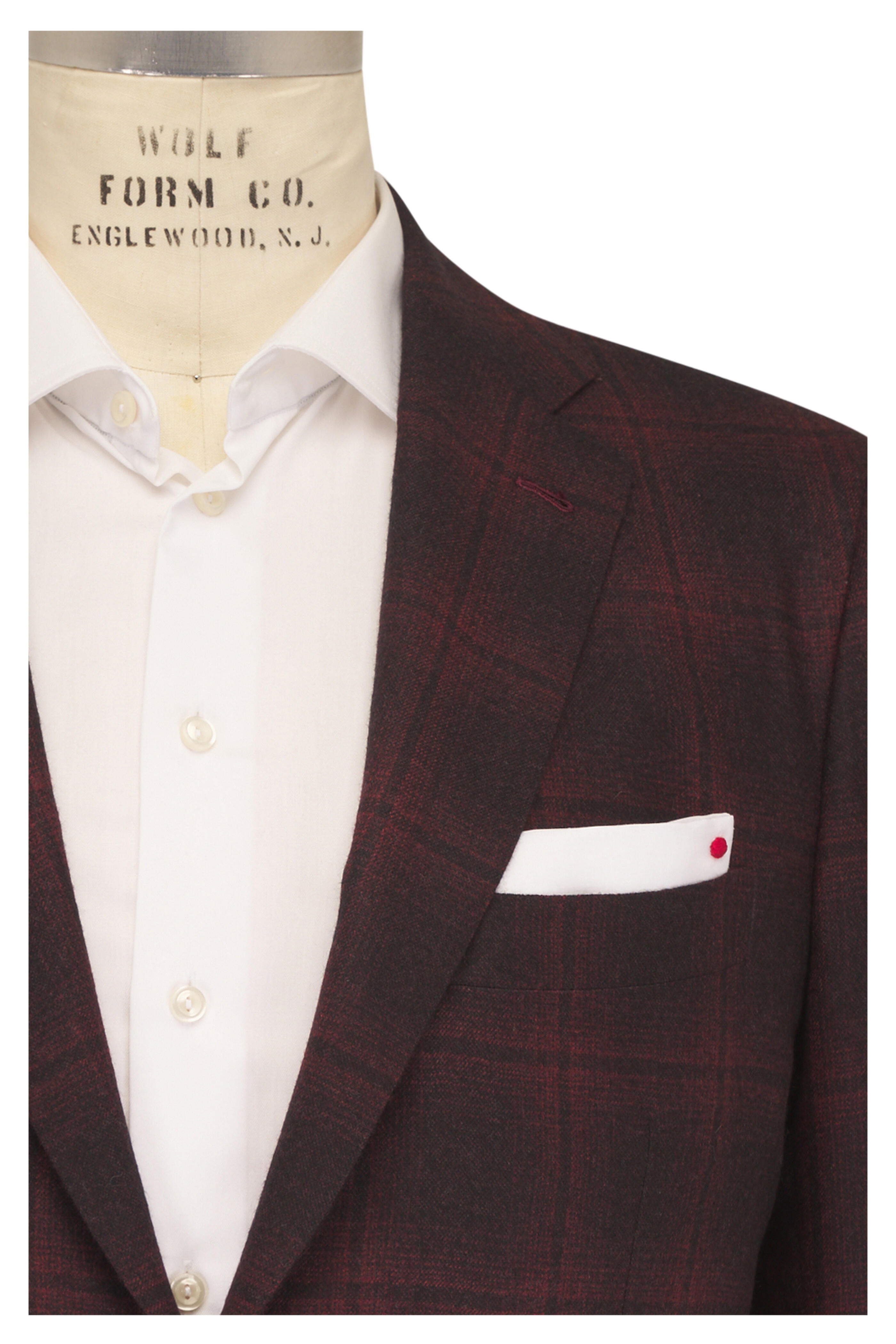 Kiton - Dark Burgundy Windowpane Plaid Cashmere Sportcoat - view 1