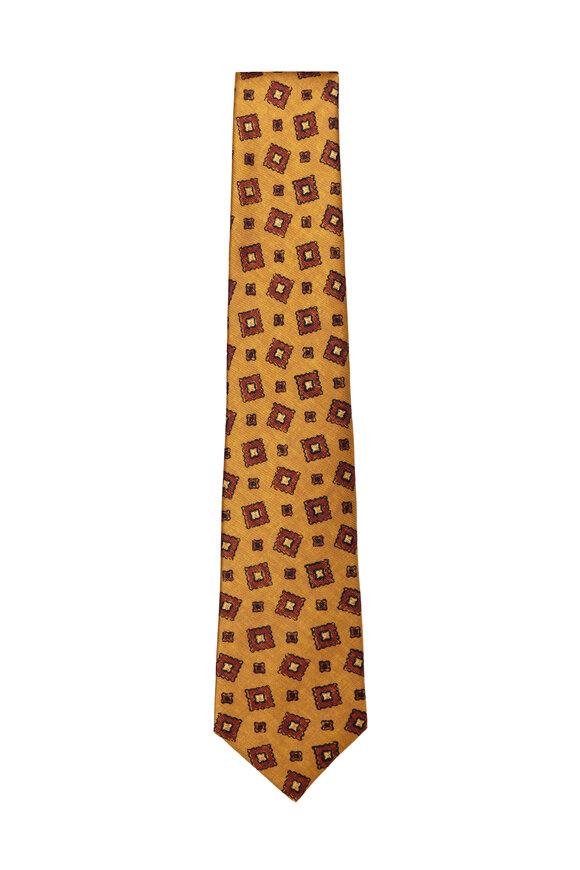 Kiton Mustard & Rust Geometric Print Silk Necktie