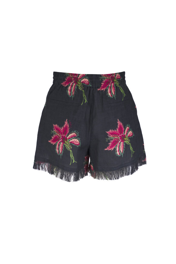 Valentino Black & Floral Print Linen Shorts - view 3