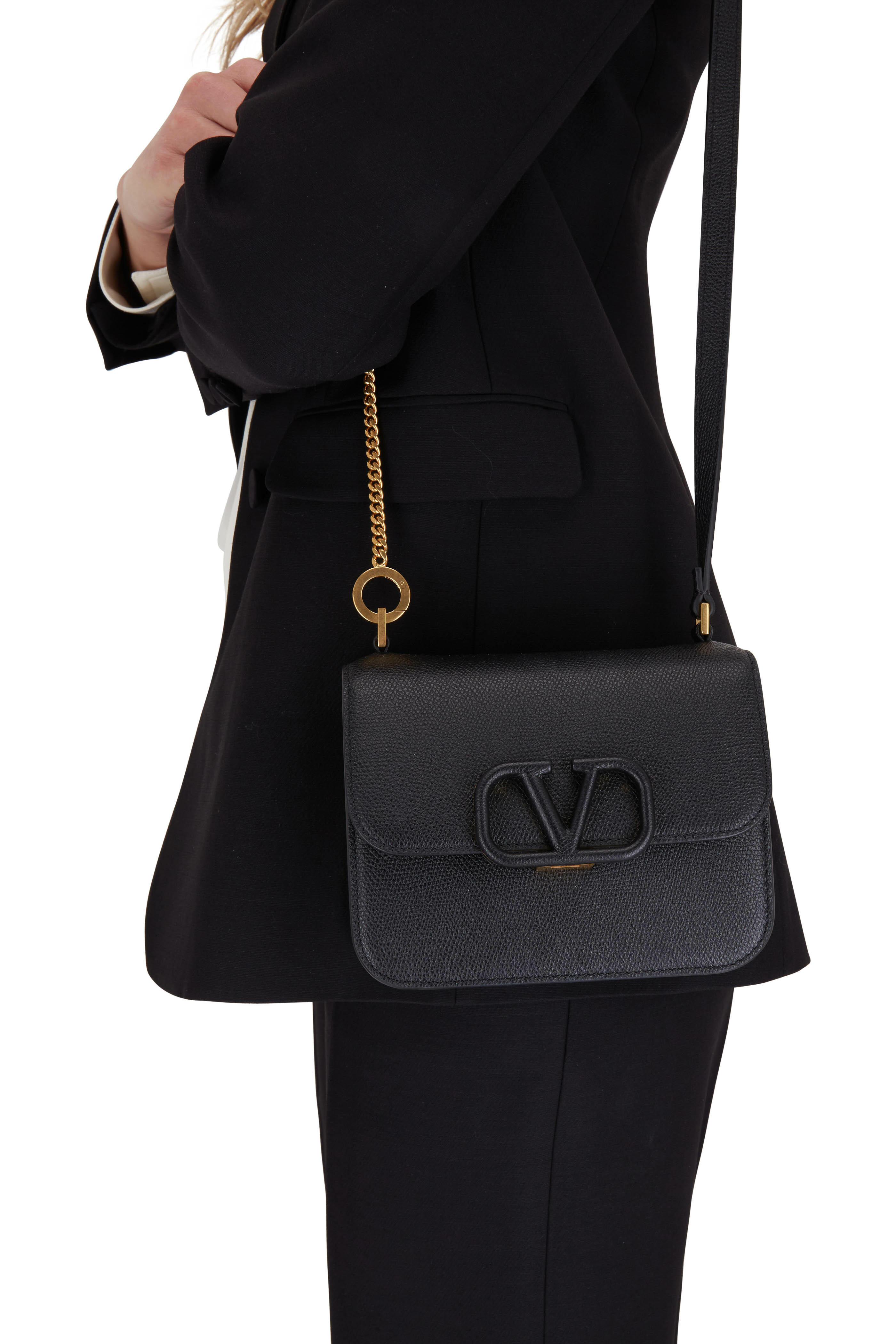 Valentino Garavani - V-Sling Black Grained Leather Small Shoulder Bag