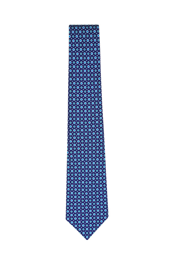 Kiton Navy Geometric Print Silk Necktie