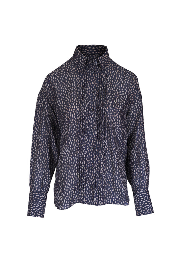Brunello Cucinelli Navy Blue Pois Lier Silk Blouse - view 1