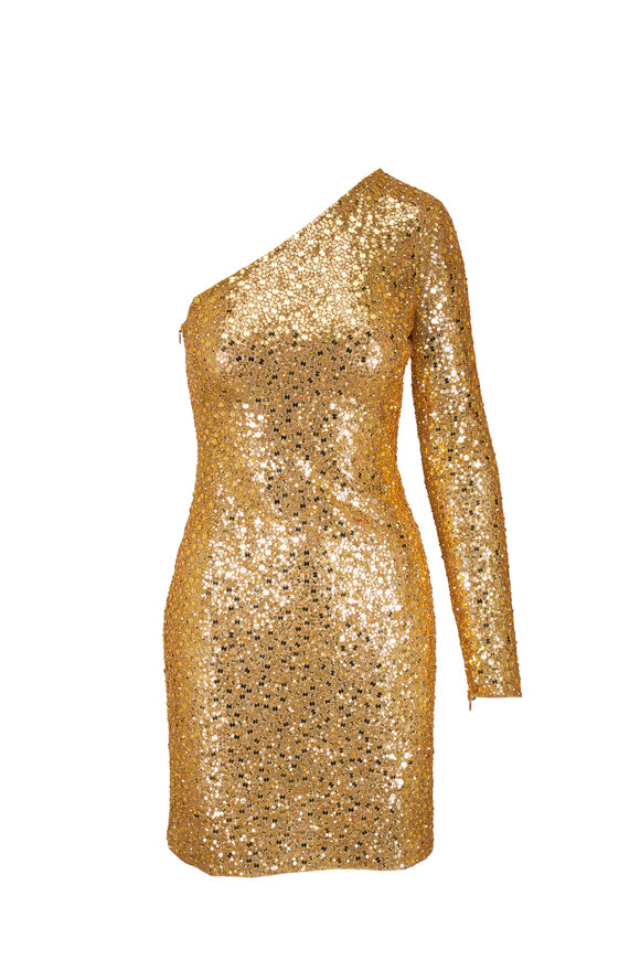 Michael Kors Collection Gold Sequin One Shoulder Long Sleeve Mini Dress