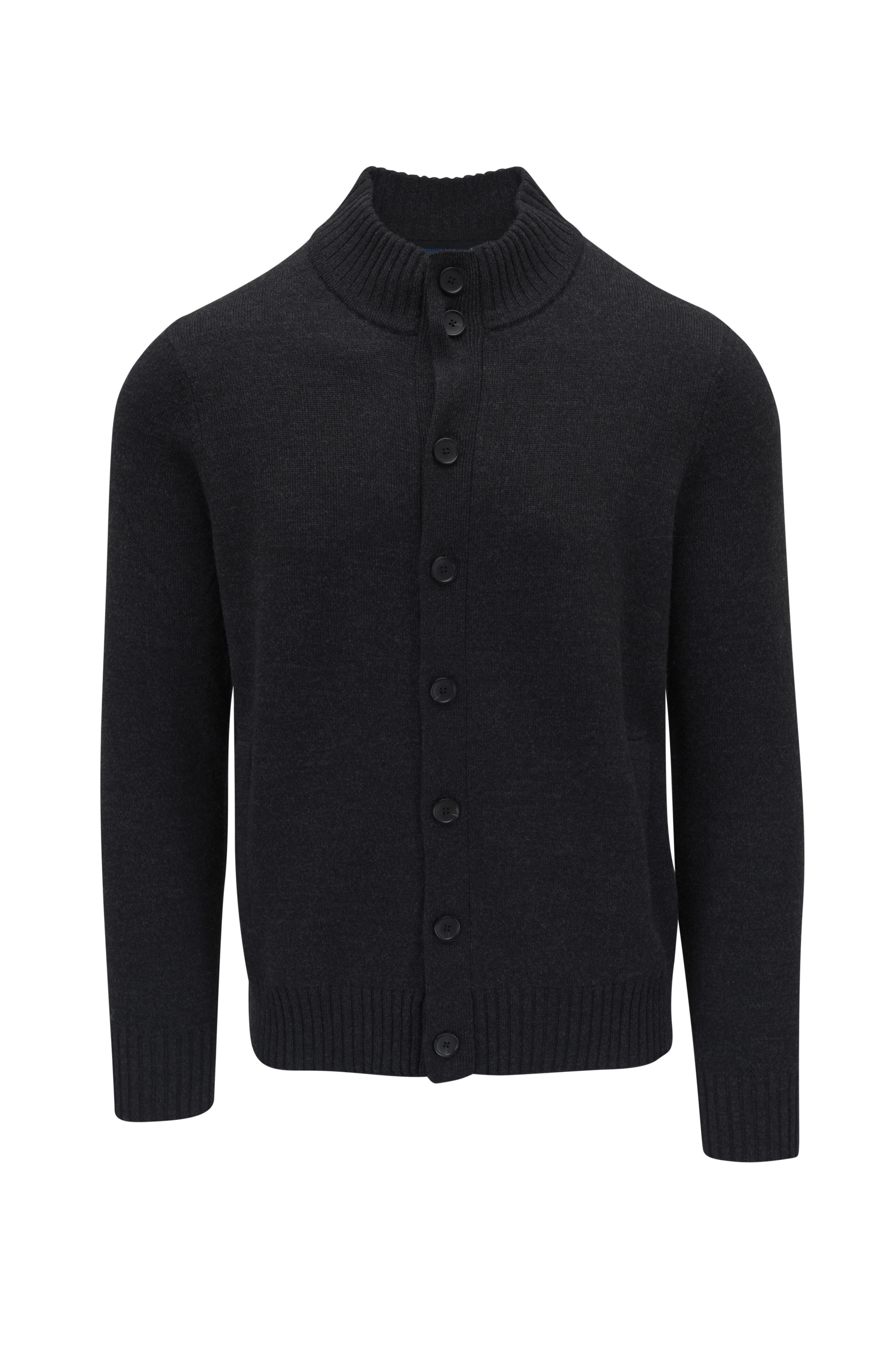 Patrick Assaraf - Black Merino Wool Mock Neck Cardigan
