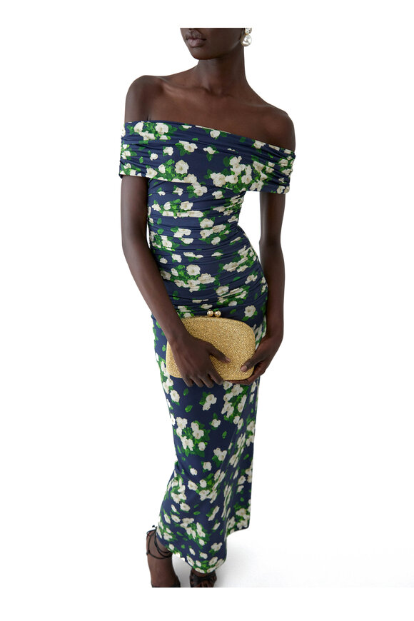 Carolina Herrera Midnight Multi Floral Print Gathered Midi Dress - view 4