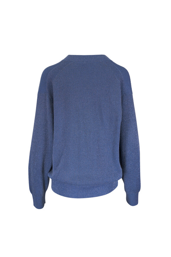 Brunello Cucinelli Light Blue Lurex V-Neck Sweater - view 3