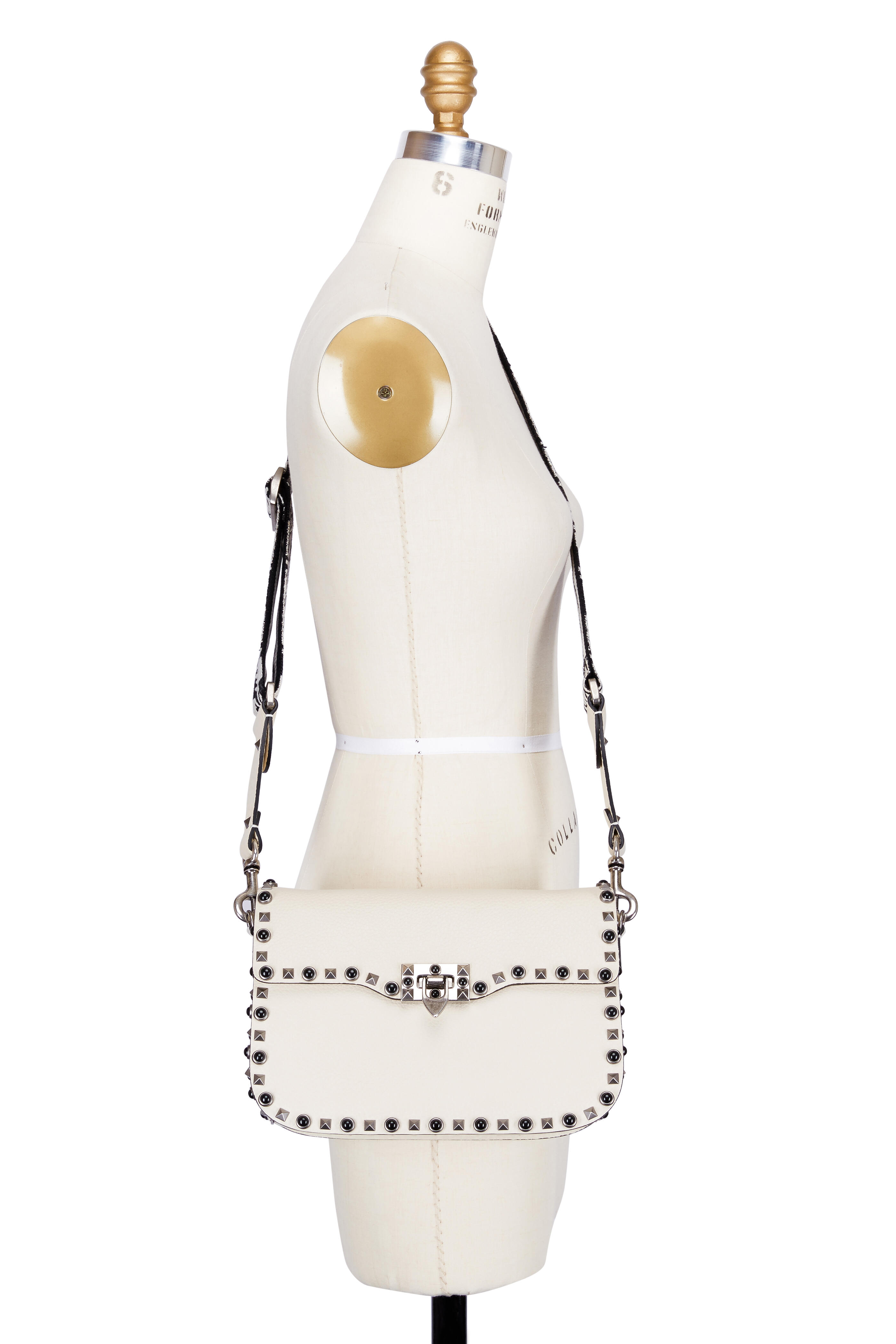 Valentino Garavani Women's Ivory Leather Brass Vlogo Stud Shoulder Bag | by Mitchell Stores