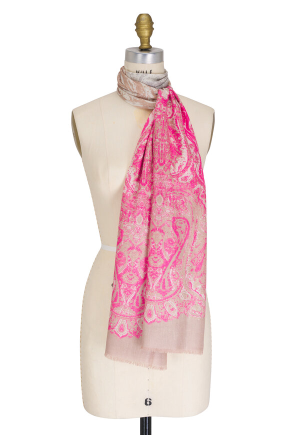 Kinross Poppy Faded Paisley Print Silk & Cashmere Scarf