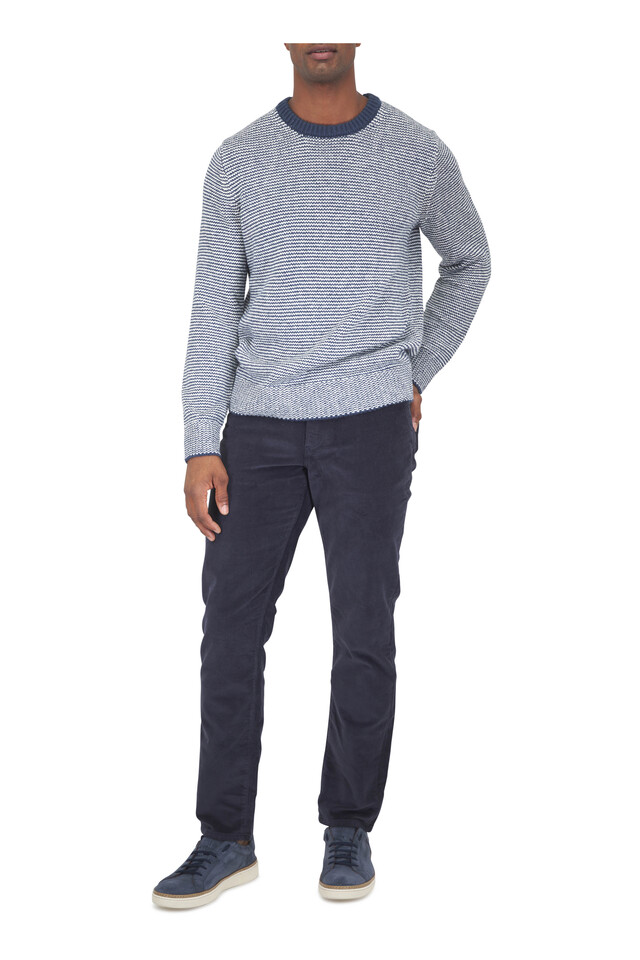 Designer outfit featuring Heirloom Ivory & Navy Crewneck Sweater and Derrek Jean Suede Low Top Sneaker