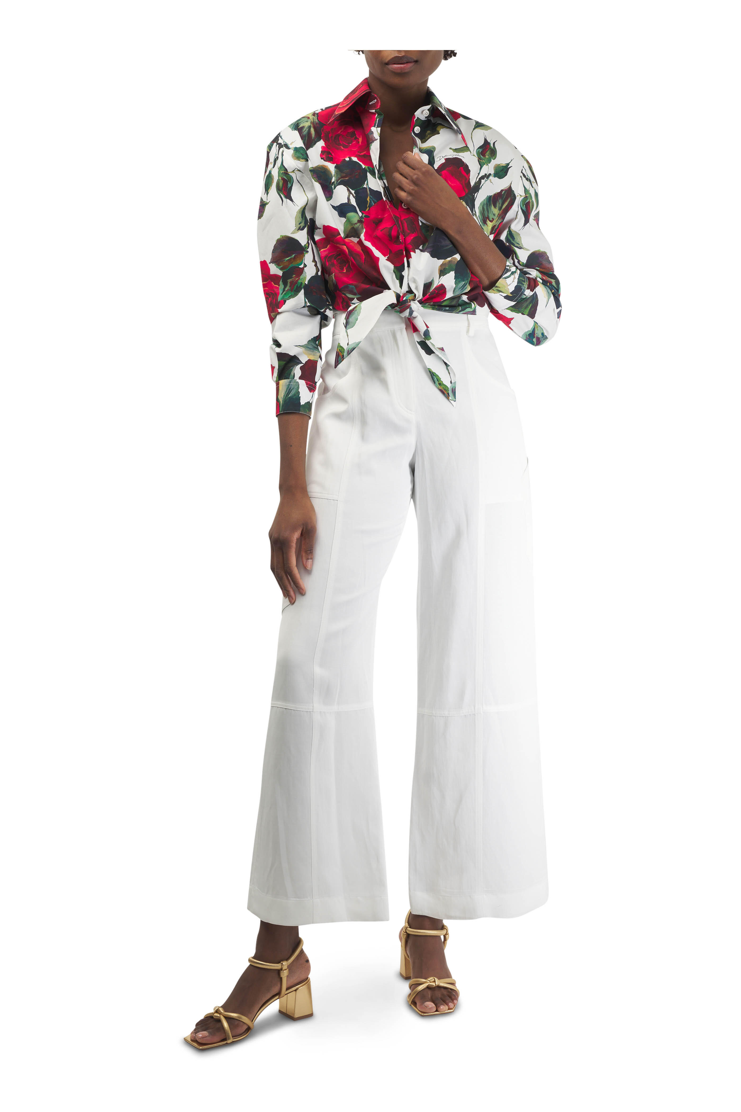 Dolce & Gabbana - Rose Print Cotton Poplin Crop Tie-Front Shirt