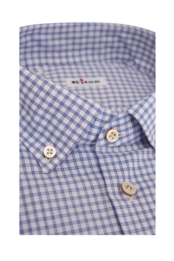 Kiton - White & Blue Check Cotton Dress Shirt 