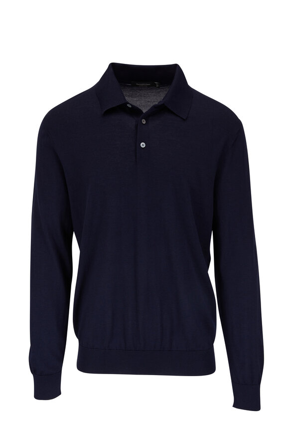 Zegna - Navy Cashmere & Silk Long Sleeve Polo 