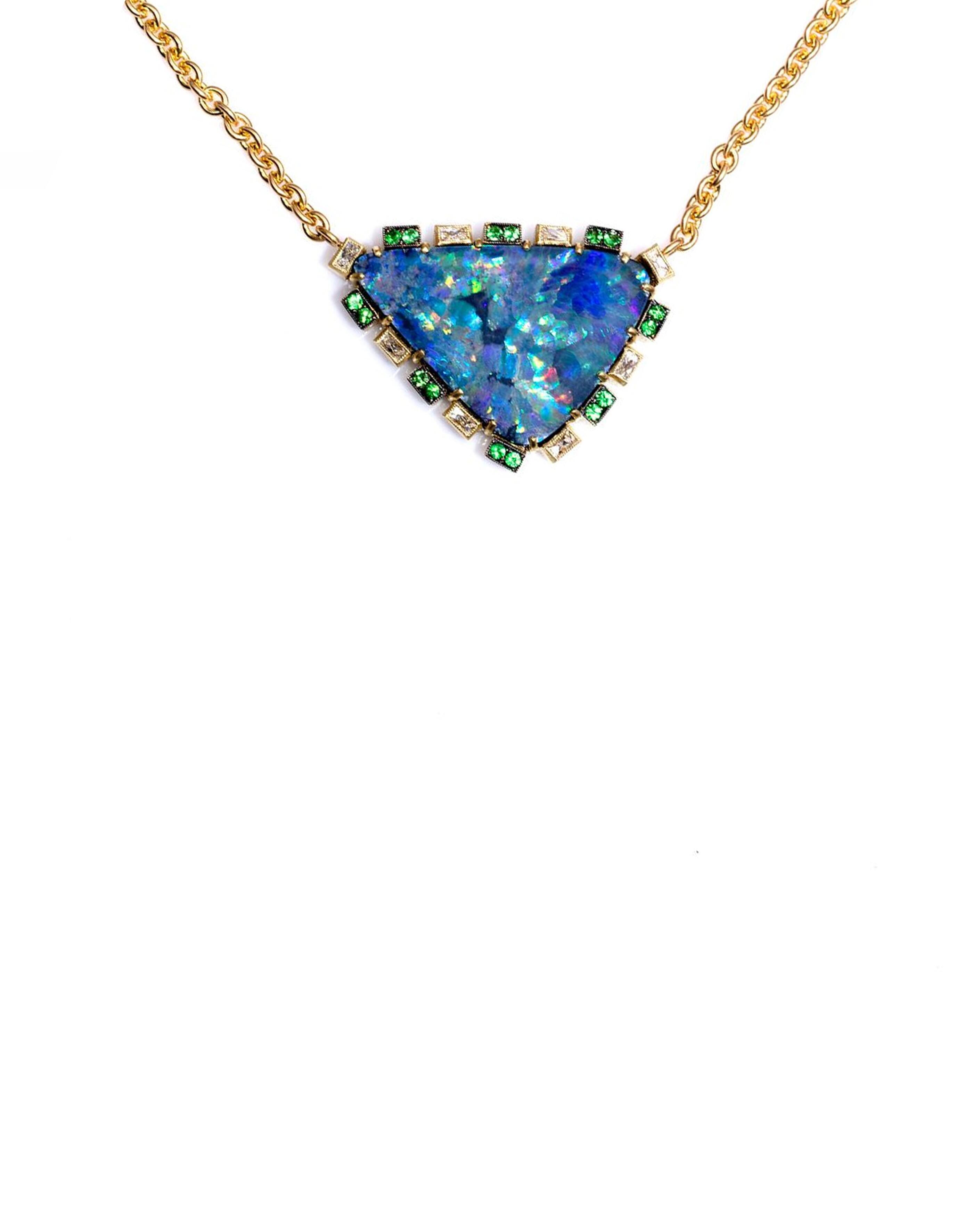 Sylva & Cie - Opal & Tsavorite Rough Triangle Pendant Necklace - view 1