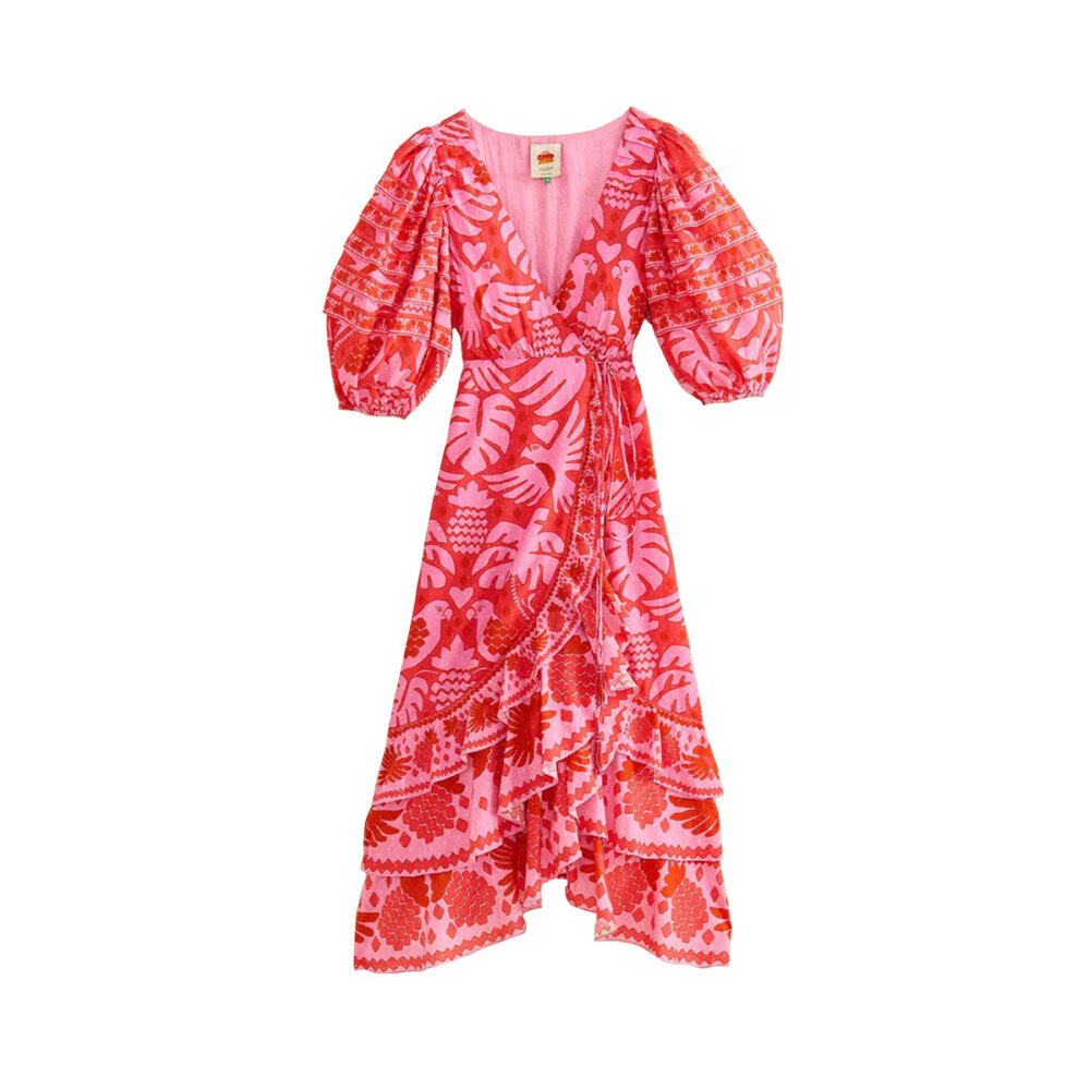 farm rio red jungle scarf wrap midi dress Farm Rio - Jungle Red Scarf Wrap Midi Dress