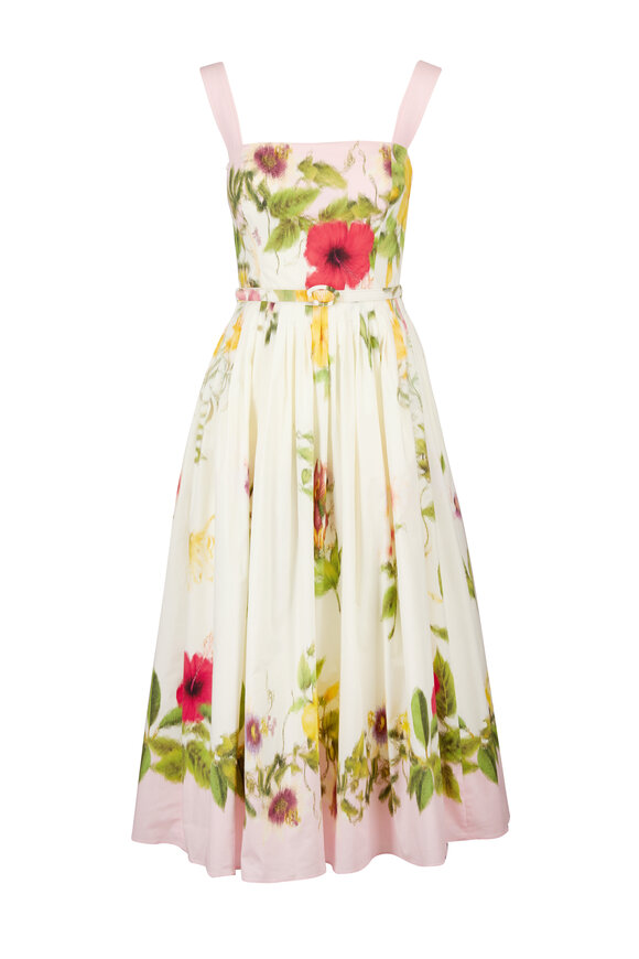 Oscar de la Renta Multi Floral Poplin Scarf Print Midi Dress - view 1