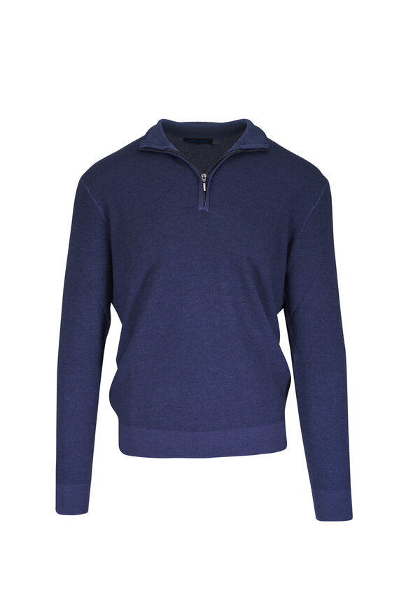 Patrick Assaraf Petrol Blue Merino Wool Quarter Zip Pullover
