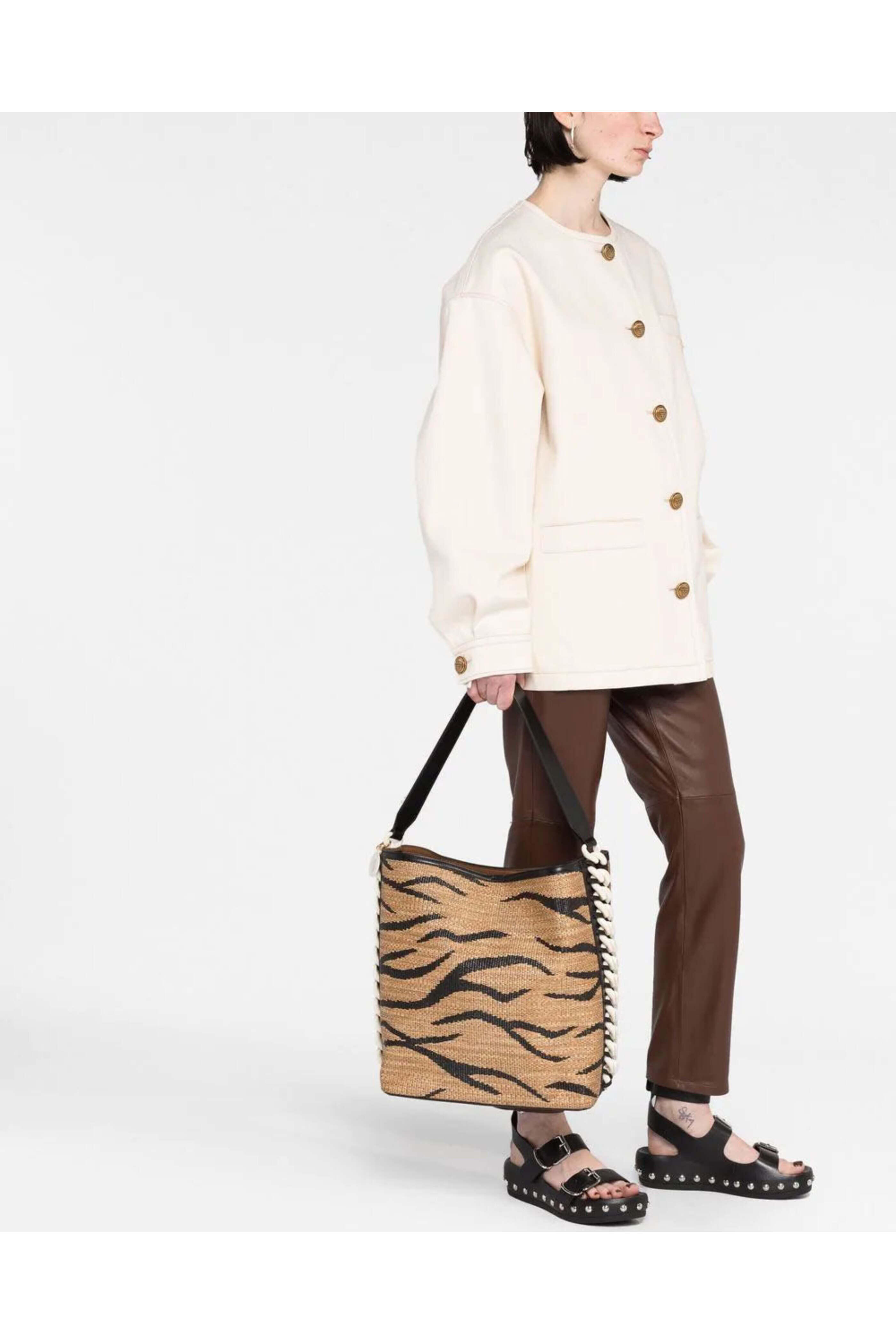 STELLA MCCARTNEY ◆ Frayme Tiger Raffia Bag Stella McCartney Black Vegan Leather Woven Raffia Tiger