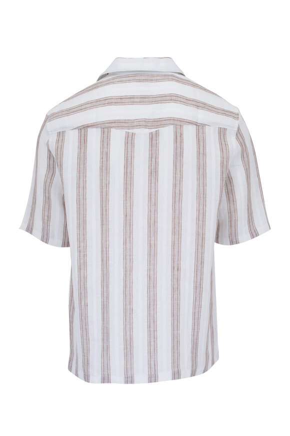 Brunello Cucinelli - White & Brown Striped Short Sleeve Camp Shirt