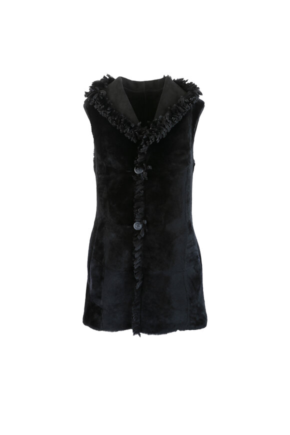 Viktoria Stass - Black Merino Shearling Reversible Fringed Vest 