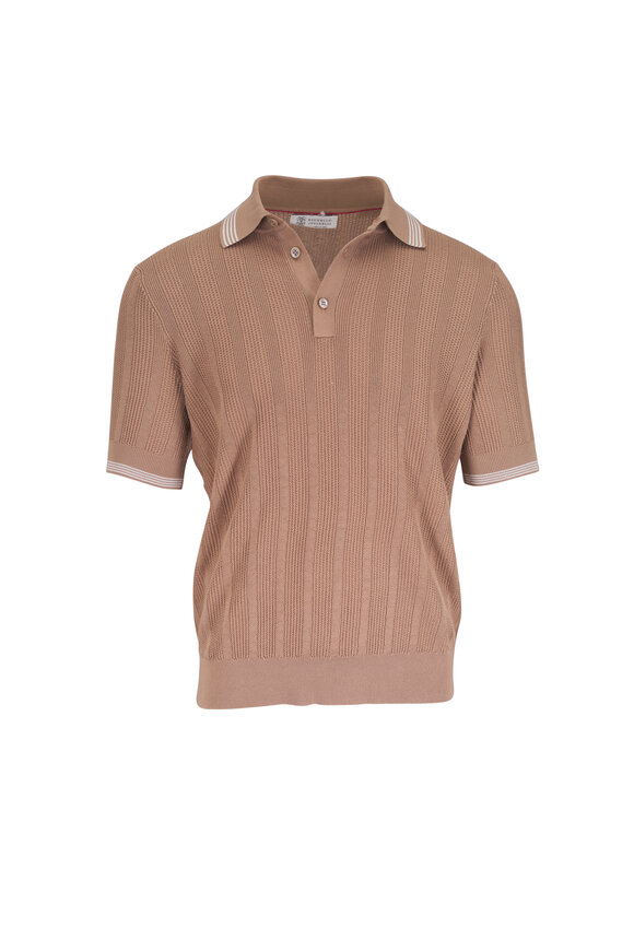 Brunello Cucinelli Beige English Rib Knit Polo Sweater