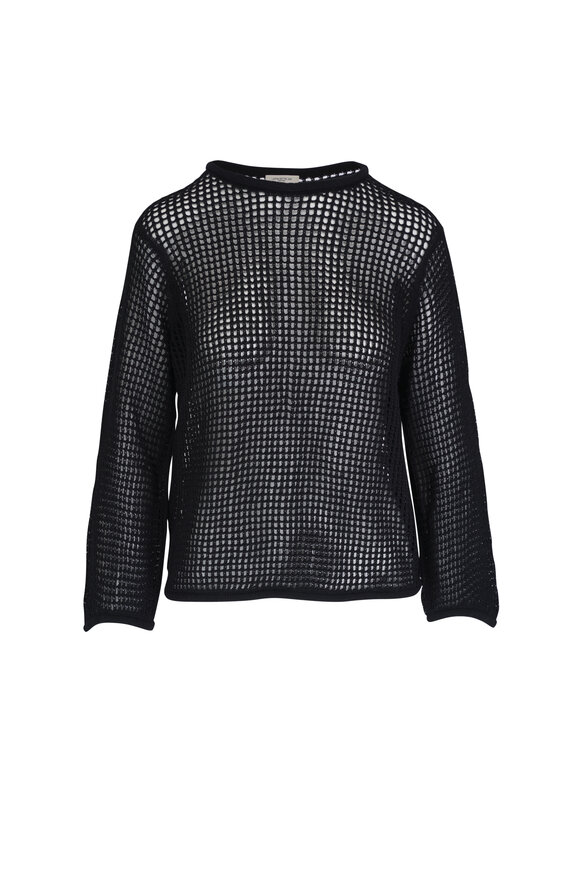 Lafayette 148 New York Black Organic Cotton Block Mesh Stitch Sweater 