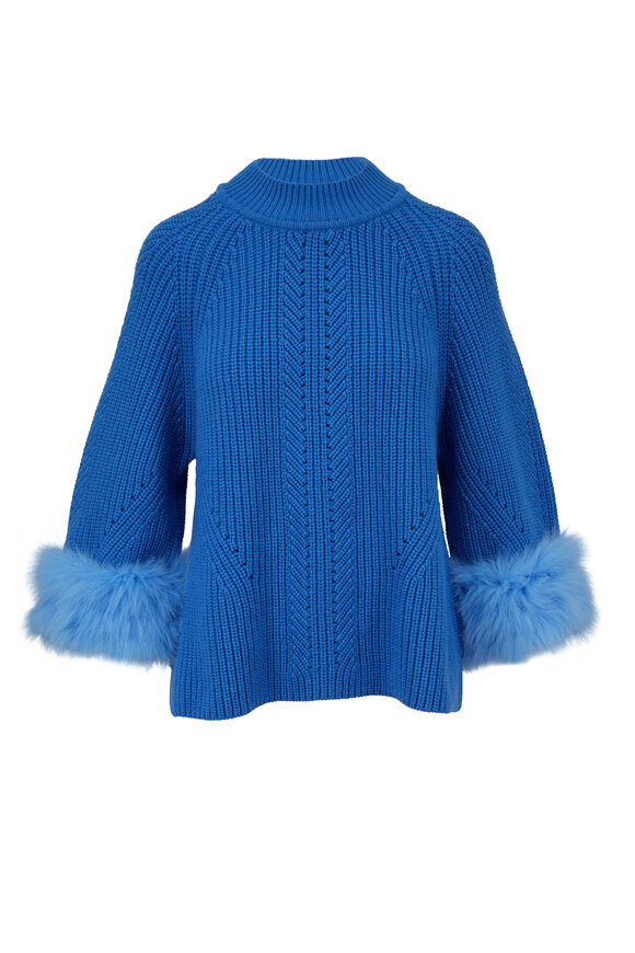 Fendi - Cerulean Blue Ribbed Cashmere Fox Trim Sweater