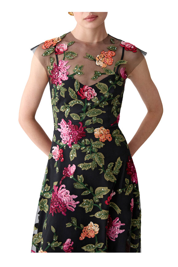 Carolina Herrera Black Multi Floral Embroidered Tulle Midi Dress - view 4