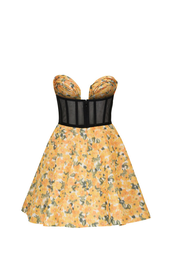 Carolina Herrera - Yellow Floral Taffeta Strapless Mini Dress 