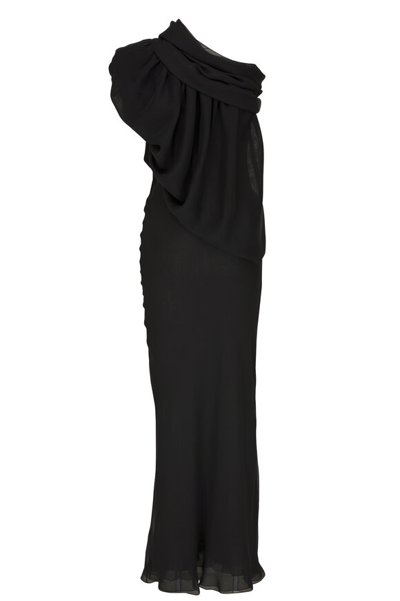 Saint Laurent - Black Draped One-Shoulder Silk Muslin Gown 