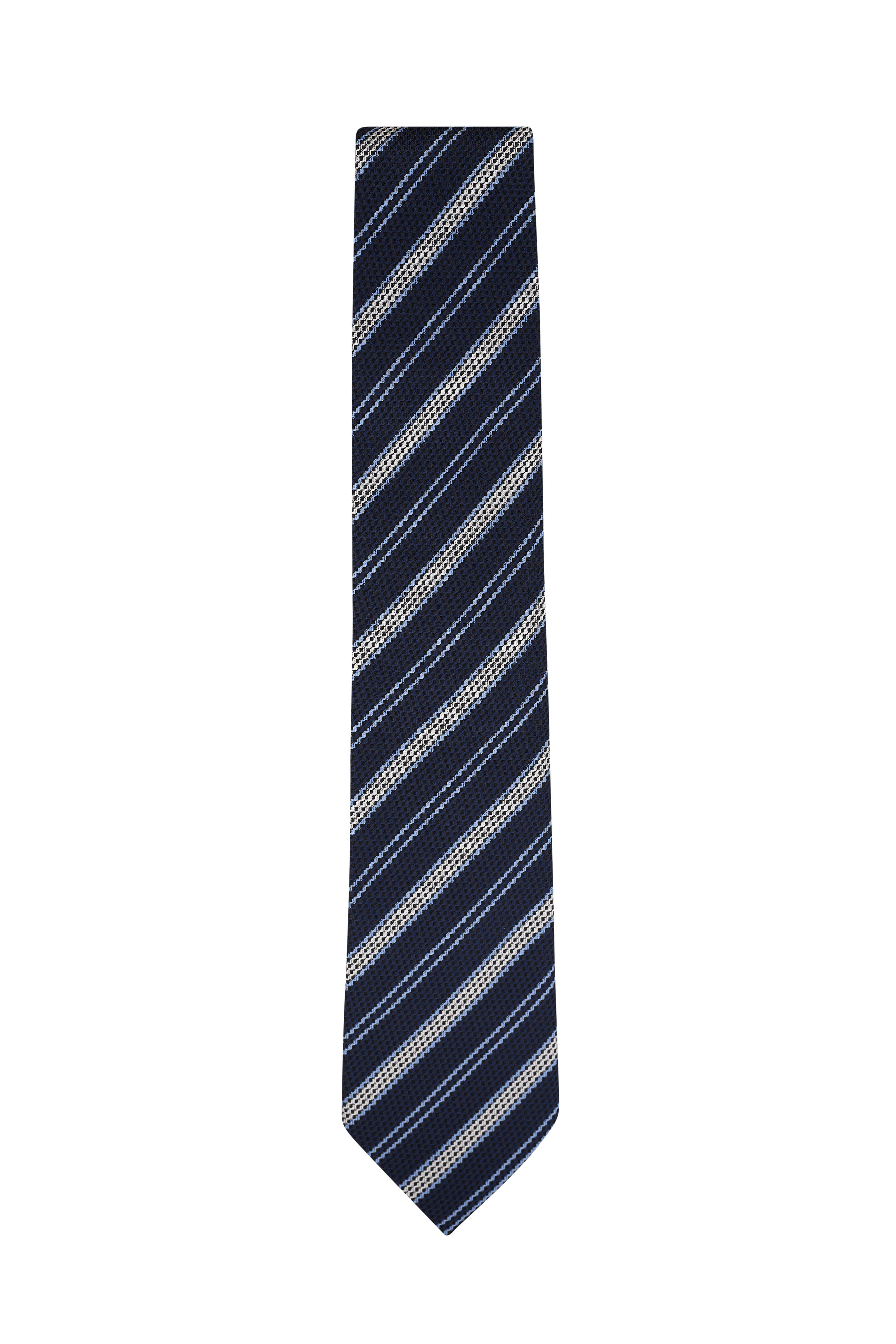 Zegna - Navy & White Striped Jacquard Silk Necktie