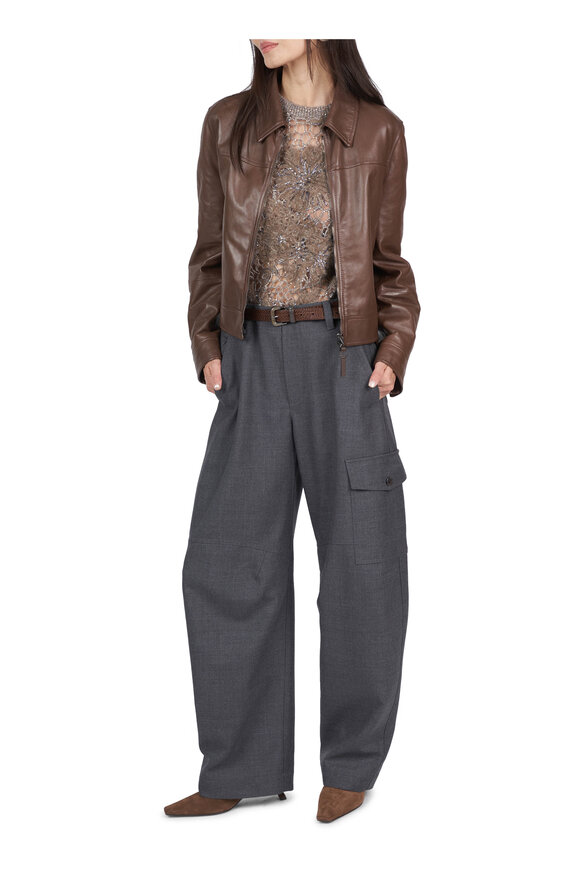 Brunello Cucinelli Brown Smooth Leather Zip Jacket - view 5